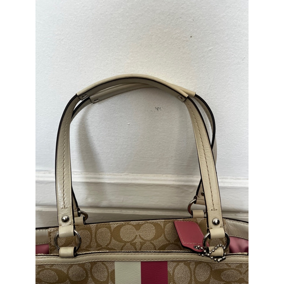 Coach Chelsea Leather Signature Heritage Logo Stripe Pink Beige Tote Bag - Picture 4 of 16